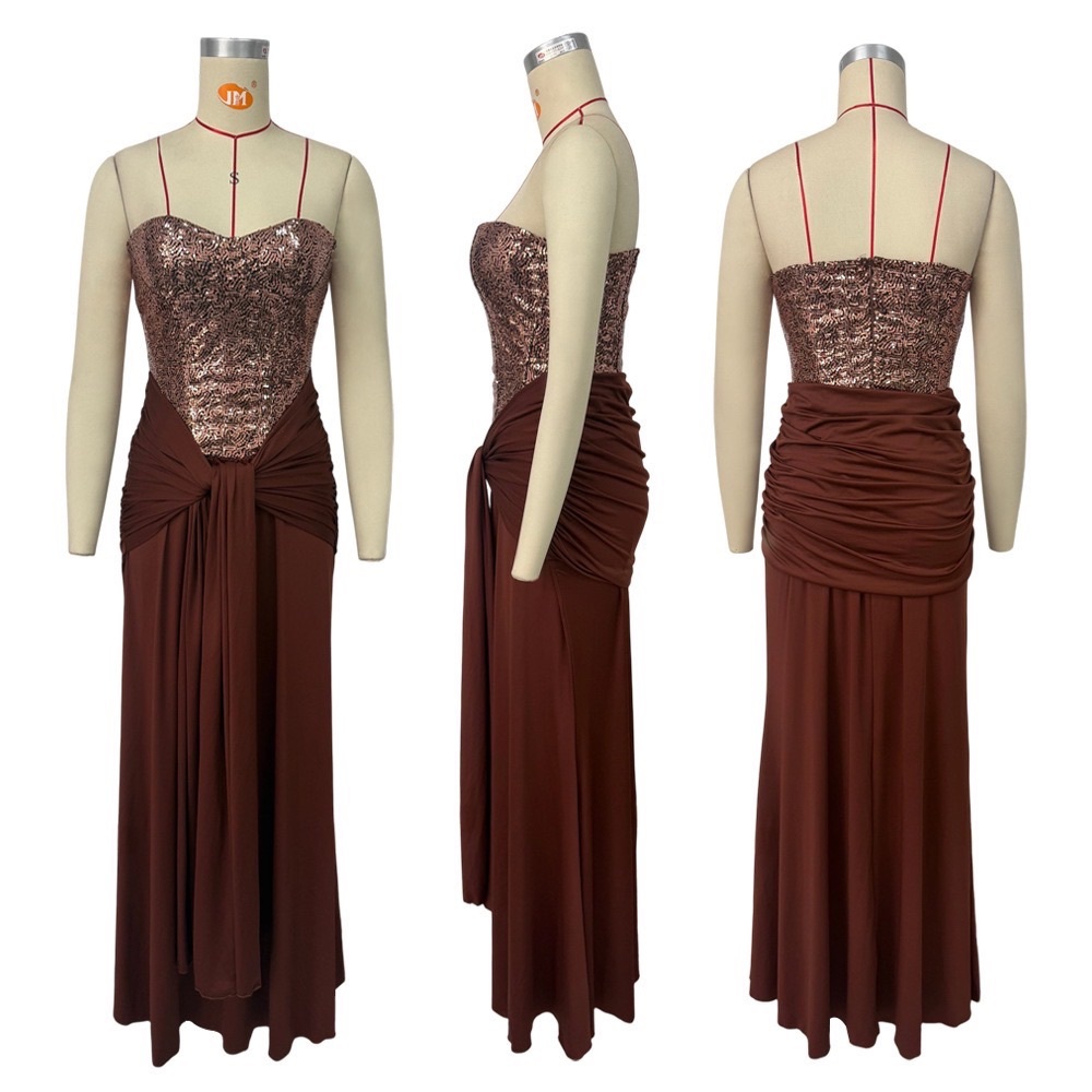 Brown Sequin Bustier Maxi Skirt with Draped Waist